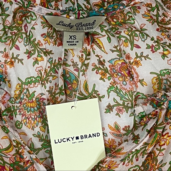 Lucky Brand NWT Sz XS Floral Border Blouse Sheer Multicolor Short Sleeve Top - Picture 8 of 9